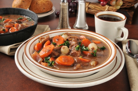 Beef stew with carrots, mushrooms, pearl onions in a burgundy wine sauceの写真素材
