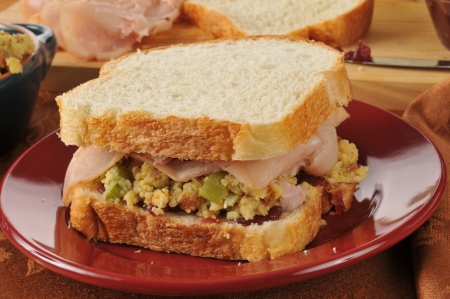 A turkey sandwich on homemade bread with cornbread stuffing and cranberry sauceの写真素材