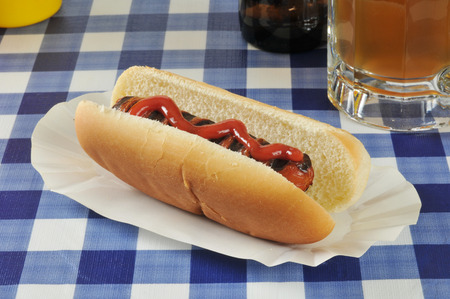 A grilled hot dog with beer on a picnic tableの写真素材
