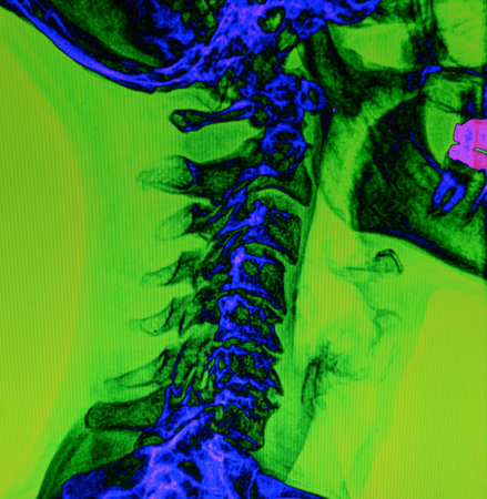 X Ray of a human spine, color enhanced.の写真素材
