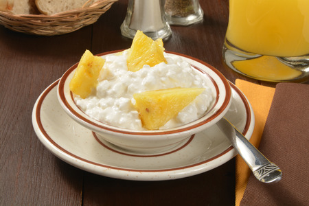 A bowl of cottage cheese with fresh pineappleの写真素材
