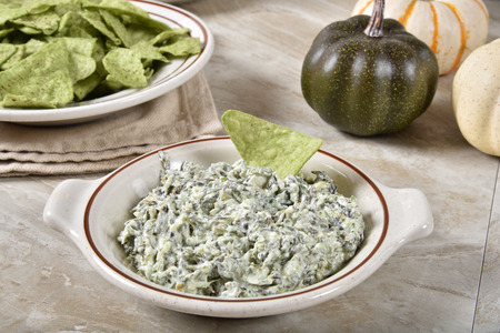A dish of spinach sour cream dip with guacamole flavored tortilla chipsの写真素材