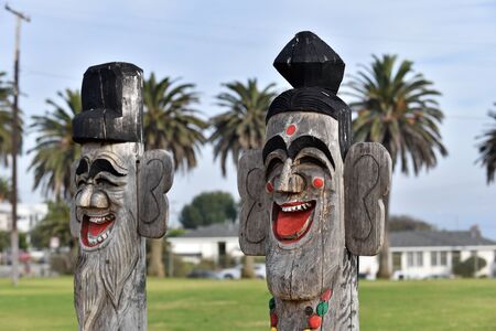 SAN PEDRO, CA/USA  - DECEMBER 25, 2018: Korean carvings of two Jangseung totems mark the boundary between the outside world and the Temple of the Korean Friendshipのeditorial素材