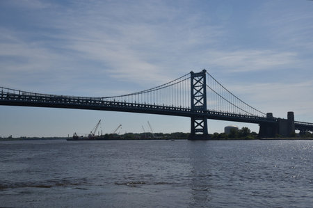 The iconic Ben Franklin Bridge over the Delaware River to New Jerseyの写真素材