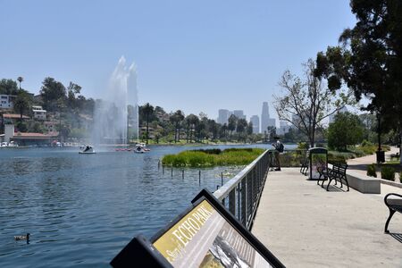 LOS ANGELES, CA/USA  - Jan 3 2016: The iconic Los Angeles Skyline seen from the lake at Echo Parkのeditorial素材