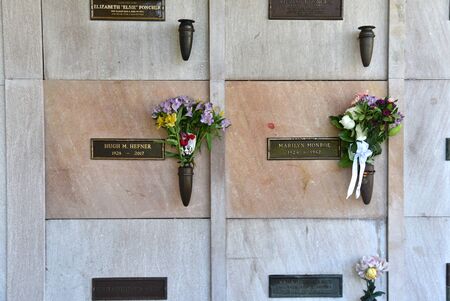 LOS ANGELES, CA/USA - MARCH 15, 2019: Marilyn Monroe and Hugh Hefner Graves side by side at Pierce Brothers Westwood Village Memorial Parkのeditorial素材