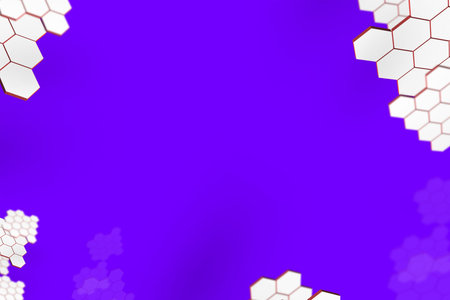Abstract 3d rendering of chaotic hexagons on a purple background.