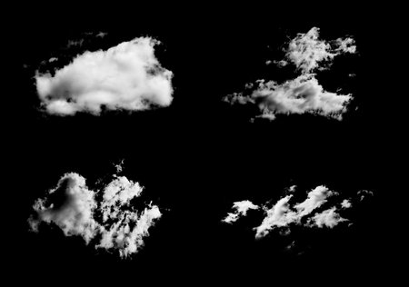 Set of clouds isolated on black background. Black and white clouds.の写真素材