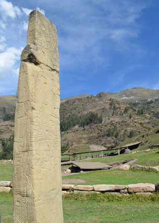 A carved stone obelisk at the Chavin de Huantar archaeological site, Ancash Peru