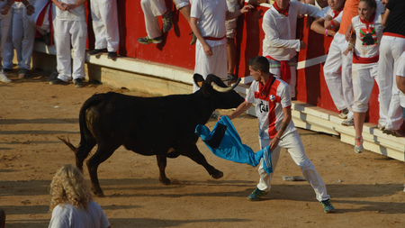 Crowds of excited festival goers run from bulls in the Plaza de Toros during the San Fermin fiesta, Pamplona, Spain. July 10, 2013のeditorial素材