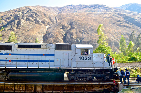 A train engine Ferrocarril Central Andino being turned at San Bartolome, near Chosica on the Lima to Huancayo route in Peru.のeditorial素材
