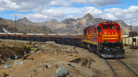 A cargo train at the Gallera station on the Ferrocarril Central line near Huancayo, Peru.のeditorial素材