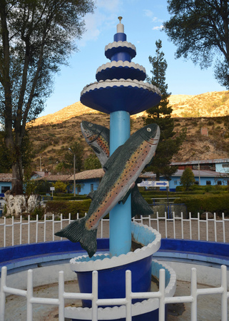 A monument to the Andean Trout, seen at the Ingenio trout farm near Huancayo, Peruのeditorial素材