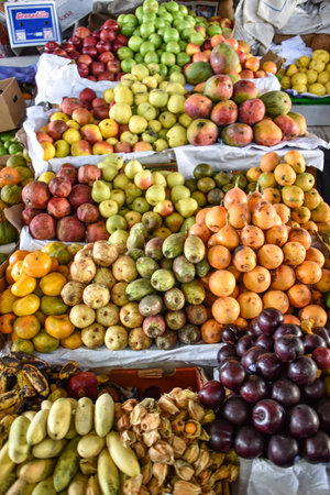 CUZCO, PERU - MAY 29, 2018: Fruit and vegetable stalls in Mercado San Pedro marketのeditorial素材