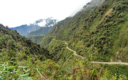 The Death Road, a popular path for mountain biking tourists between La Paz and Coroico, Boliviaの写真素材