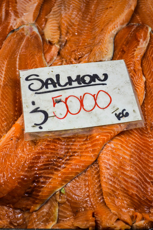 Fresh Fish and seafood for sale in the Mercado Central, Santiago, Chileの写真素材