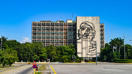 The Image of Che Guevara on the side of the Ministry of the Interior building in Plaza de la...