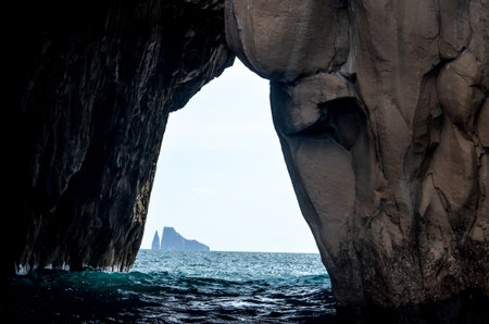 View of Kicker Rock from the cliffs at Witch Hill, San Cristobal, Galapagos Islandsの写真素材
