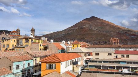 View of the Cerro Rico mountain from the rooftop of the San Lorenzo chapel, Potosi, Boliviaのeditorial素材