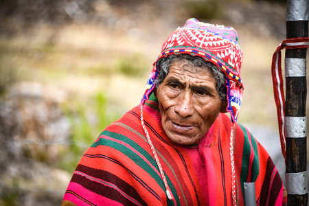 Sacred Valley, Cusco, Peru - Oct 13, 2018: An indigenous Quechua man in traditional dress