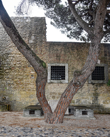 Lisbon, Portugal - July 27, 2019: External wall and towers of the Lisbon Castle (Castelo de Sao Jorge)のeditorial素材