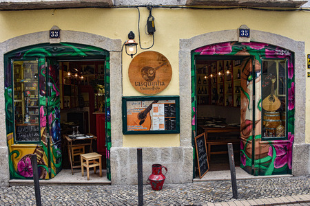 Lisbon, Portugal - July 27, 2019: Fado restaurant in the Alfama district of Lisbonのeditorial素材
