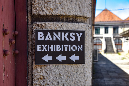 Lisbon, Portugal - July 26, 2019: 'Genius or Vandal' exhibition of works by the artist 'Banksy' at the Cordoaria Nacionalのeditorial素材
