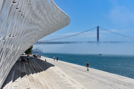 Lisbon, Portugal - July 25, 2019: Views along the Tagus River from the MAAT Museum in Belemのeditorial素材
