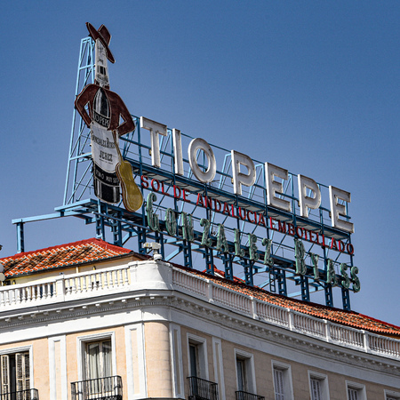 Madrid, Spain -July 22, 2019: Neon sign above Puerta del Sol public squareのeditorial素材