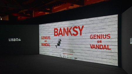 Lisbon, Portugal - July 26, 2019: 'Genius or Vandal' exhibition of works by the artist 'Banksy' at the Cordoaria Nacionalのeditorial素材