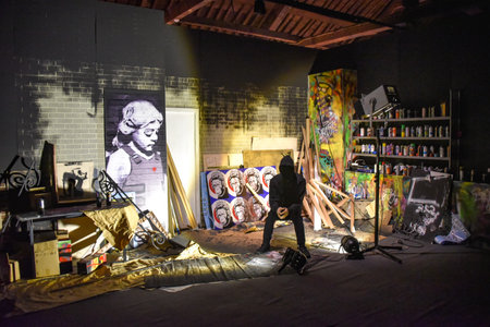 Lisbon, Portugal - July 26, 2019: 'Genius or Vandal' exhibition of works by the artist 'Banksy' at the Cordoaria Nacionalのeditorial素材