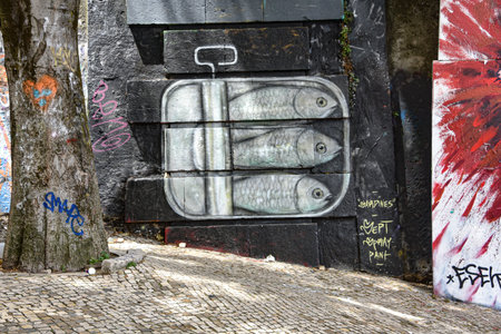 Lisbon, Portugal - July 27, 2019: Examples of colorful Graffiti art on the streets of Lisbonのeditorial素材