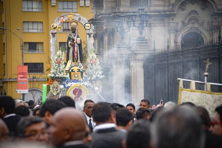 Lima, Peru - Nov 17, 2019: Crowds attend the procession for San Martin de Porres in Lima's main squareのeditorial素材