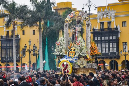 Lima, Peru - Nov 17, 2019: Crowds attend the procession for San Martin de Porres in Lima's main squareのeditorial素材