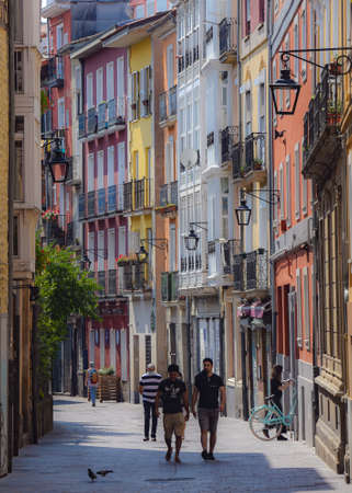 Vitoria-Gasteiz, Spain - 20 August 2021: Colorful buildings in the narrow streets of old town Vitoria Gasteizのeditorial素材