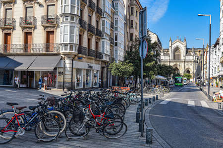 Vitoria-Gasteiz, Spain - 21 Aug 2021: Bicycles and public transport in the city of Vitoria-Gasteiz, Basque Country, Spainのeditorial素材