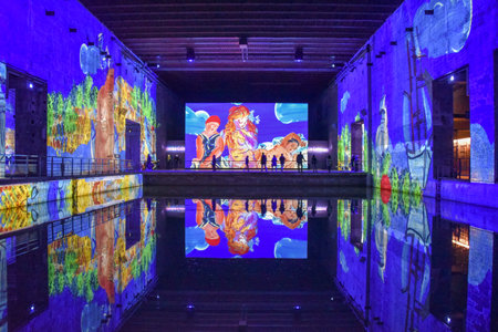 Bordeaux, France - 7 Nov, 2021: The Bassins de Lumieres immersive art exhibitions in the 'base sous-marins' WW2 submarine baseのeditorial素材