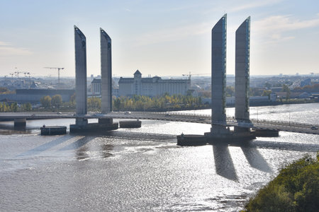 BORDEAUX, FRANCE - 7 Nov, 2021: Riverside view of the Chaban Delmas bridge on the Garonne river