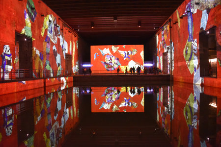 Bordeaux, France - 7 Nov, 2021: The Bassins de Lumieres immersive art exhibitions in the 'base sous-marins' WW2 submarine baseのeditorial素材