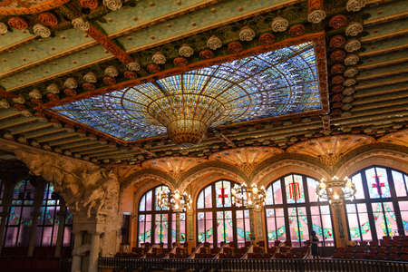 Barcelona, Spain - 23 Nov, 2021: Stained-glass dome ceiling Palau de la MÃºsica Catalana concert hall interior view, Barcelona, Catalonia, Spainのeditorial素材
