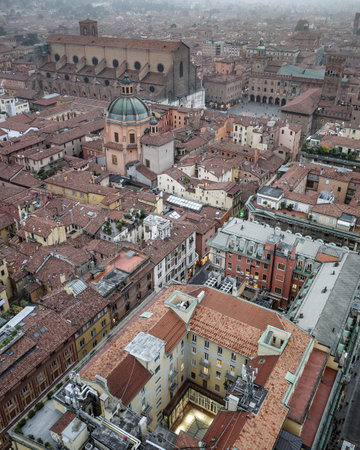 Bologna, Italy - 16 Nov, 2022: Cityscape views over the towers and rooftops of Bolognaのeditorial素材