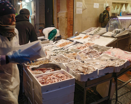 Bologna, Italy - 17 Nov, 2022: Fresh fish on sale on a market near Piazza Maggioreのeditorial素材