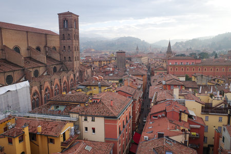 Bologna, Italy - 16 Nov, 2022: Cityscape views over the towers and rooftops of Bolognaのeditorial素材