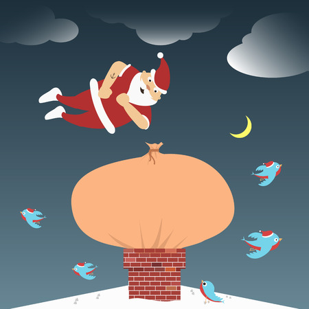 Santa Claus jumps on gifts that are stuck in the chimneyのイラスト素材
