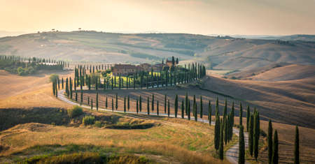 Sunset over the winding road with cypresses. Typical avenue, soft summer light, Tuscany, Italy.の写真素材