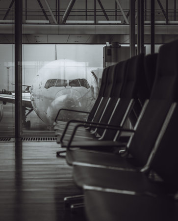 Stockholm, Sweden - April 15 2018: Parked Boeing B777 aircraft on Arlanda airport. viewed through the terminal windows at gate before boarding. Seats in foregroundのeditorial素材