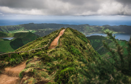 View from Miradouro da Boca do Inferno to Sete Citades, Azores, Portugalの写真素材