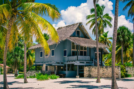 Bungalow on a tropical island. Wooden house on the beach in a palm groveのeditorial素材