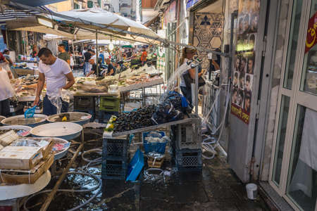 Naples, Italy - September 19, 2020: Local fish market in side streetsのeditorial素材