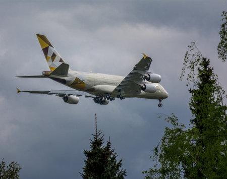 Hamburg, Germany - May 9, 2017: A6-APJ Etihad Airways Airbus A380, MSN 237, F-WWAR, approaching...